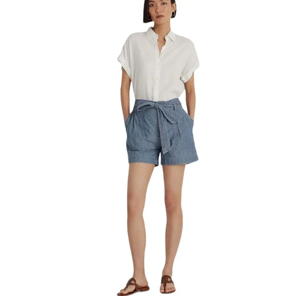 Lauren Ralph Lauren Belted Cotton Chambray Shorts 4.5" Inseam Classy NEW Size 14 - Picture 1 of 6